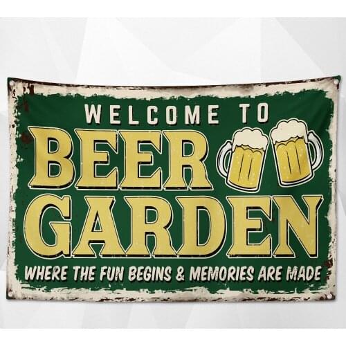 WELCOME TO BEER GARDEN Vintage Banner Wall Art Bar Winery Home Decor Beer Day Poster Hanging Chart Flag 4 Metal Grommets Gift