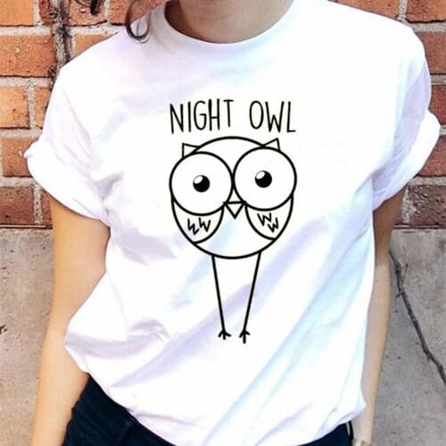 A Night Owl Print Harajuku Top Basic O-collar Women T-shirt Casual Ladies Short Sleeved Women T-shirt Girl,Drop Ship