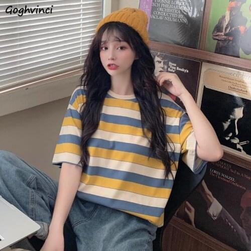 T-shirts Women Harajuku Tops Striped All-match Students Clothing Loose All-match Design Korean Style Popular Basic Teens Chic
