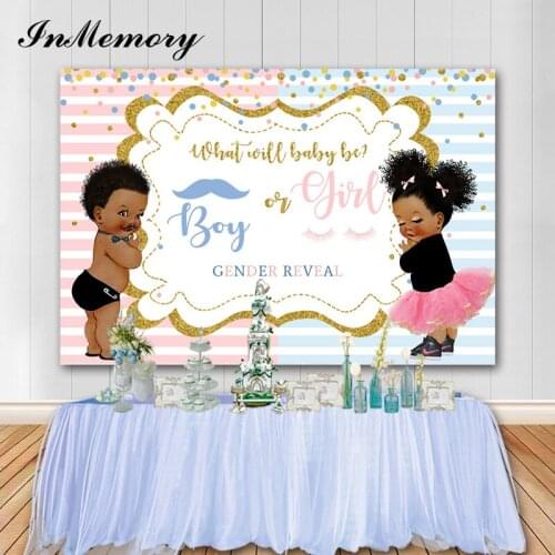 InMemory Boy or Girl Gender Reveal Backdrop Blue Pink Stripes Photography Background Baby Shower Party Banner Backdrop Photocall