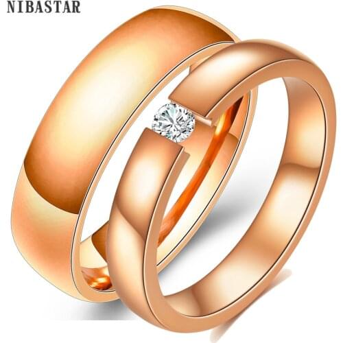 NIBASTAR Crystal Simple Couple Ring For Women Men Stainless Steel Classic Wedding Promise Ring Surprise Jewerly Gift For Couples