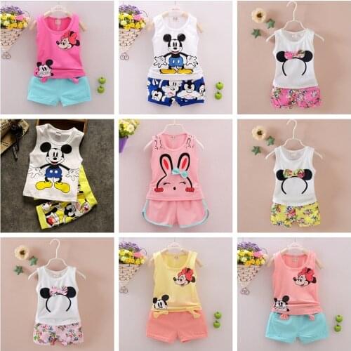 Summer Baby girls Clothes Set Cartoon Mickey Minnie Mouse Kids Clothes Vest Tops+Shorts 2 PCS Set Princess Tracksuit Outfits boy