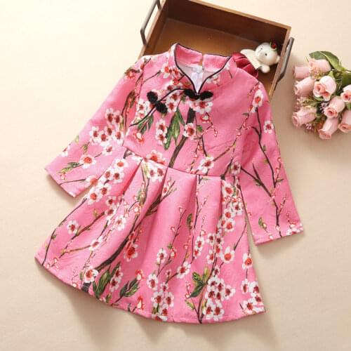 Fashion Girl Dress Spring Autumn Floral Cheongsam Chinese Dresses Princess Christmas Kids Chidlren Clothing Vestidos 3-8 Years