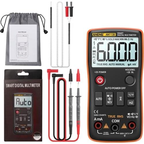 AN113B Digital Multimeter with Temperature Tester 6000 Counts Auto-Ranging AC/DC Transistor Voltage Meter True RMS