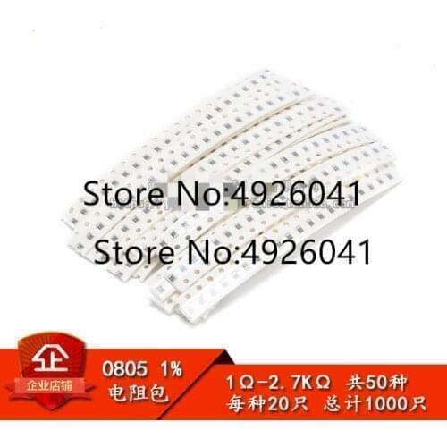 1000pcs 0805(2012) SMD Resistor Kit Assorted Kit 1ohm-2.7K ohm 1% 50valuesX 20pcs=1000pcs Sample Kit
