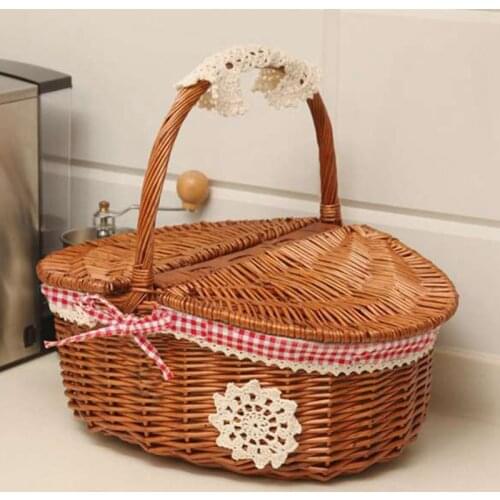 Storage Hand Made Wicker Basket Wicker Camping Picnic Basket Shopping Storage Hamper and Handle Wooden Wicker Picnic Basket