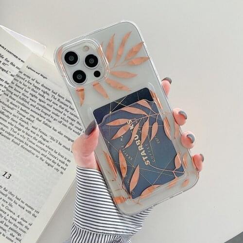 Leaf PatternTransparent Card Slot Phone Case For iPhone 12 11 Pro Max X XR XS Max 7 8 Plus Soft Clear Shockproof Back Cover