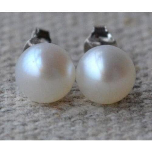 Unique Pearls jewellery Store AAA 7-7.5mm White Genuine Freshwater Pearl Stud Silver Earring Fine Jewelry Free Shipping