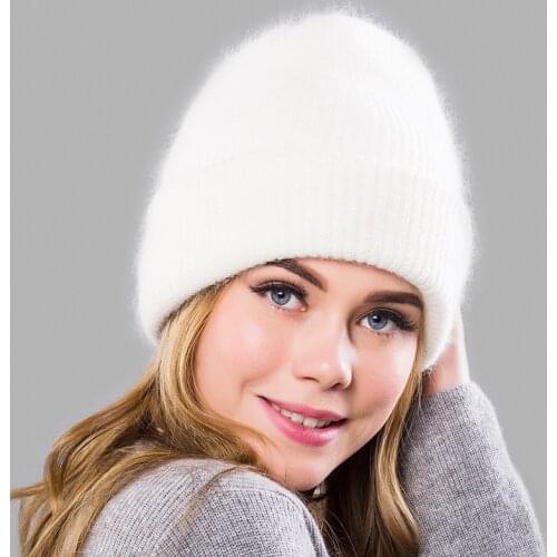 Women Winter Rabbit Fur Hats Beanies Warm Long Fur Skullies Beanies Female Caps Wide Cuff Young Style Hat for Women