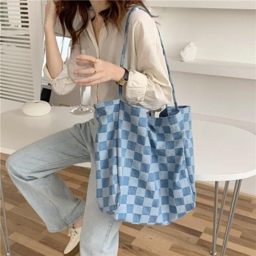 Hylhexyr Checkerboard Shoulder Bags Large Capacity Canvas Purse Lazy Style Ins Tote Bag Denim Plaid Female Schoolgirl Handbag