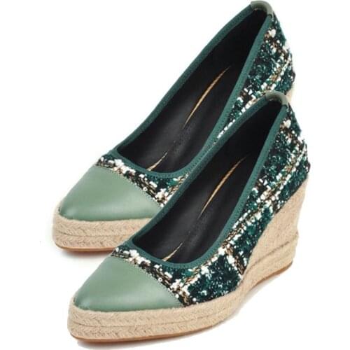 LIHUAMAO Plaid fabric Espadrilless shoes women wedges platform pointed toe ladies high heel shoes pumps party wedding shoes