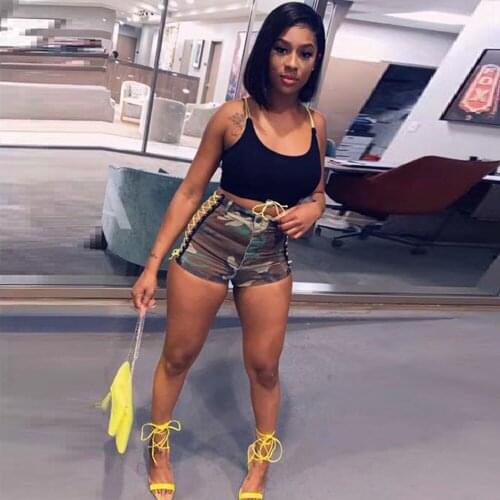 Streetwear Y2K Clothes Spaghetti Strap Backless Slim Fit Crop Top+lace Up Hollow Camouflage Shorts for Women Casual 2 Pcs Sets