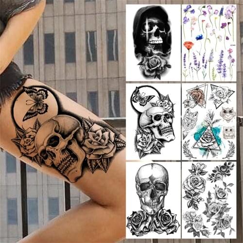 Flower Skull Temporary Tattoos For Women Men Adults Evil Skeleton Tattoo Sticker Fake Lavender Big Rose Black Tatoos Body Thigh