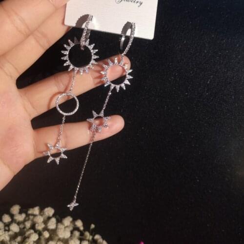 Top Quality Fashion Mosaic AAA+ Premium Zircon CZ Sun Gear Asymmetry Long Line Earrings For Women INS Jewelry