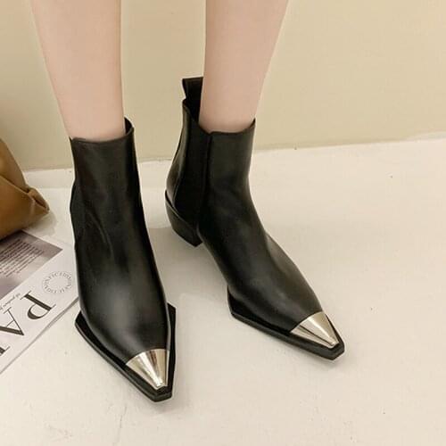 Women Ankle Boots Chelsea Boots Metal Pointed Toe Sexy Ladies Shoes Square Heels Platform Stretch Footwear 2021 Fashion Autumn