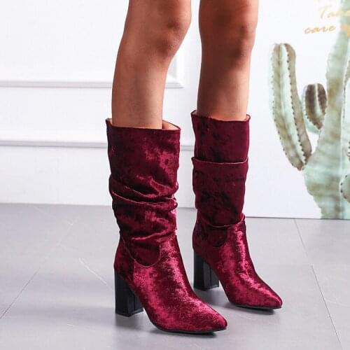 Vintage Flock High Heels Mid Calf Boots Women Wine Red Slip on Pointed Toe Boots Woman Plus Size Autumn Pleated 2021