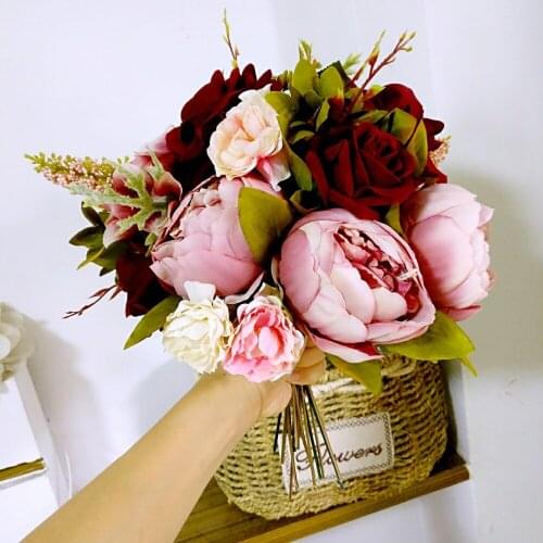 Hot sale nature flowers bouquet burgundy rose flowers real touch Artificial peony brooch bouquet bride buque de noiva