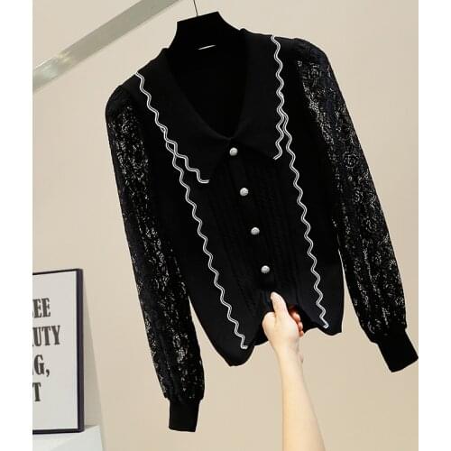 Hollow Lace Sleeve Stitching Knitted Sweater Women Slim Pullover Female Temperament Lady Chic Top Winter Sweater Women