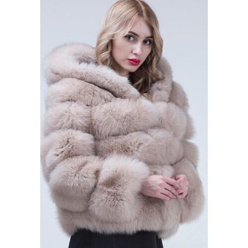JANEFUR Womens Genuine Fox Fur Coat Whole Skin Genuine Leather Fur Jacket With Hood Silver Fox Fur Coat