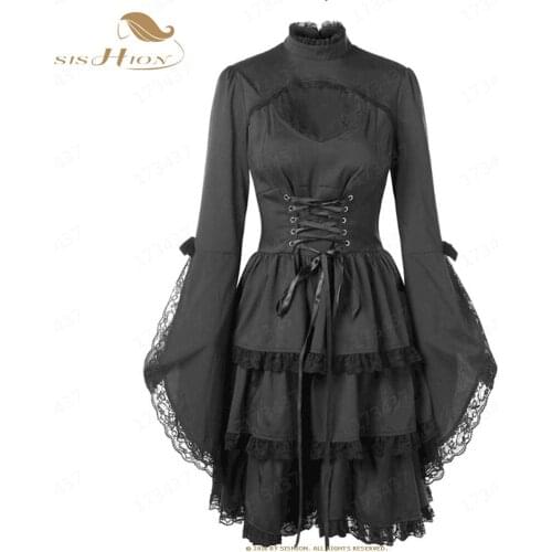 Vintage Elegant Lace Up Goth Retro Party Dresses Women Gothic Punk Dress Long Flare Sleeve Sexy Black Mesh Sawing Dress VD2127