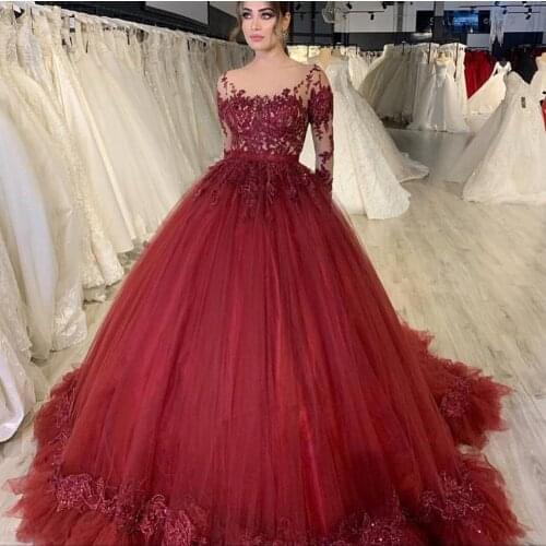 Red prom dresses 2021 sheer crew neckline long sleeve lace appliques wine red long tulle evening dresses gowns