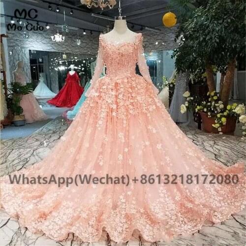 2021 Ball Gown Illusion Evening Dresses Long Prom Gown Long Sleeves Tulle Appliques Flowers Dubai Saudi Arabic Evening Dress