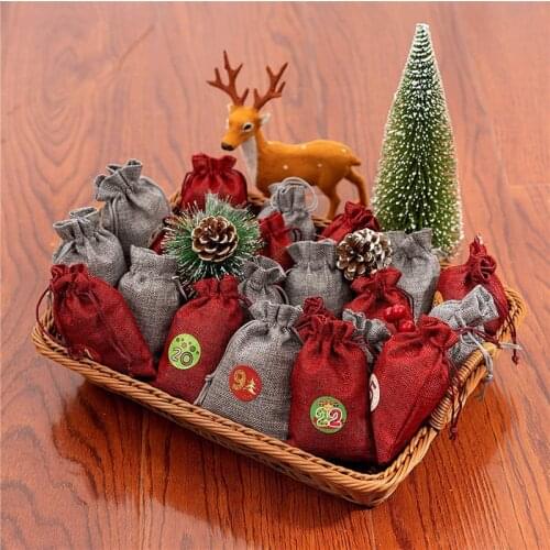 24 PCS Christmas Advent Calendar Bags Gift Numbers Bag Drawstring Burlap Advent Calendar Candy Bags With Clips Christmas Decor