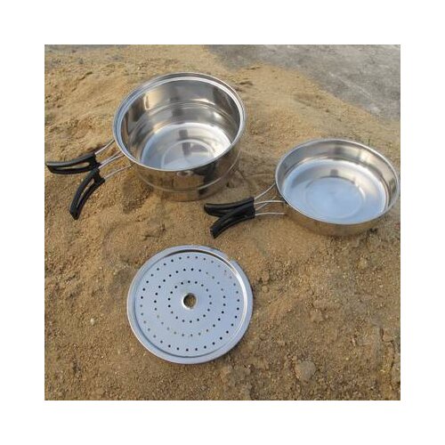 3pcs/set Outdoor Stainless Steel Pot Pans Bowls Foldable Handle 2 Person Picnic Portable Cookware Outdoor Hiking Tableware