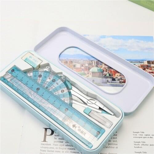 7PCS/set Metal box Ruler Compasses Eraser Triangle Ruler Straight Ruler Refill Complete geometry learning tools