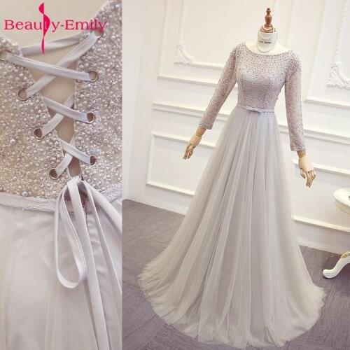 Beauty Emily Sexy A line Luxury Beads Evening Dresses 2018 O Neck Long Formal Evening Gowns Party Prom Formal Party Dresses