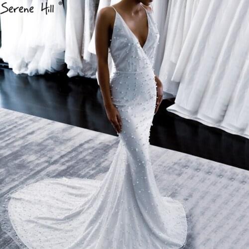 Serene Hill White Mermaid Deep-V Sexy Evening Dress 2020 Tulle Sleeveless Pearls Formal Party Wear Gown CLA70632