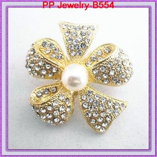 Free Shipping12PCS/LOT High Quality Gold Color Crystal Bow Pearl Brooch New Arrival