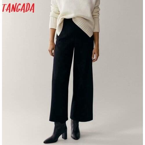 Tangada fashion women black wide leg suit pants trousers pockets buttons office lady pants pantalon 4C76