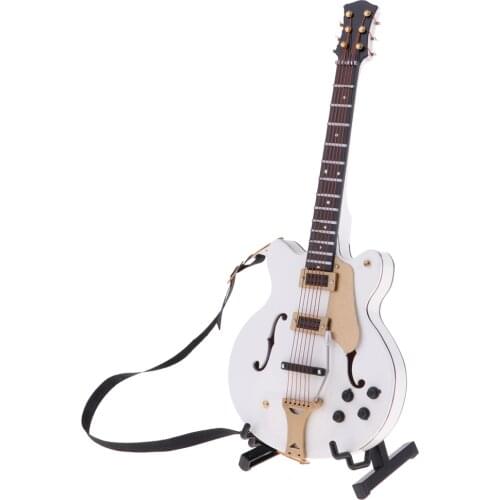 Wooden Miniature Guitar with Stand and Case Musical Instrument For 1:6 Dollhouse Decoration Accessory (White)