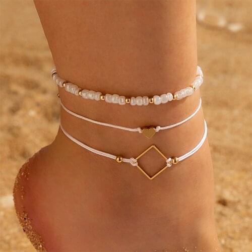 Docona 3pcs/set Bohemia Geometric Love Heart Anklets Set for Women Adjustable Seed Beaded Rope Foot Chain Party Jewelry 15831