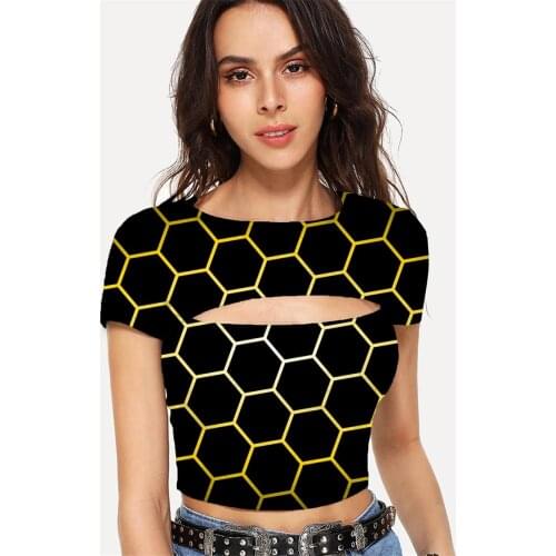 Somepet Geometry T shirt Women Abstract Navel Bare Psychedelic Hollow Out T shirts Cube Tshirt Printed Womens Clothing Summer