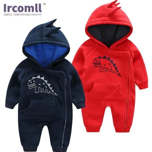 Ircomll New born Baby Autumn Romper Hooded Cartoon Dinosaur Baby Boys Warm Jumpsuit Kid Climb Clothes Fashion Babys Wear
