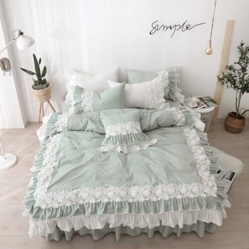 100%Cotton Comforter Cover Bedding Set Luxury Blue Lace Korean Bed Set for Girls Bed Queen King Bed Skirt Duvet Cover Sets