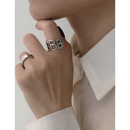 Letter B Retro Chunky Big Stackable Antique Finger 925 Sterling Silver Adjustable Rings For Women Minimalist Delicate Jewelry