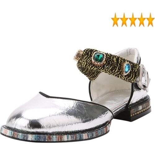 Genuine Fashion Women Round Toe Leather Crystal Ankle Strap Sweet Ladies Diamonds Low Heels Summer Sandals Shoes