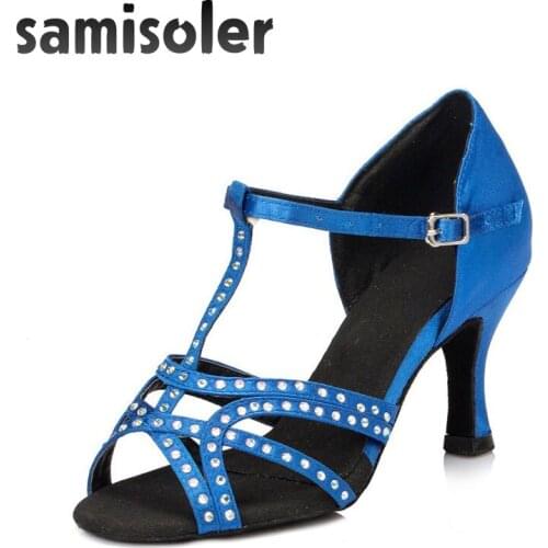 Samisoler Bule/B/Black New Cloth Collocation Shine Ribbons Ballroom Fashion Rhinestone Dance Women Latin Competition Shoes