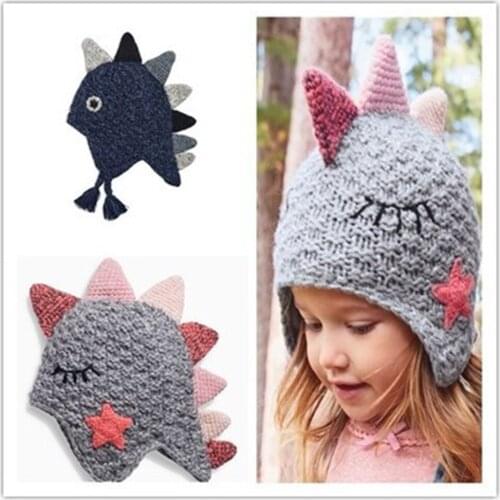 2019 Fall Winter Cartoon Dinosaur Tassel Double layer Knit Wool Kids Bomber Hats Boys Girls Children Apparel Accessories-JYC