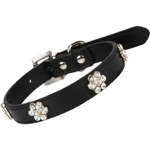 Cats Collars Crystal Flowers Pure Color PU Leather Collar Cat Accessories Products Small Medium Pets Collar katten halsband