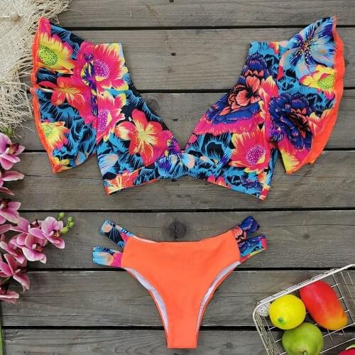 Sexy Ruffles Floral Print Bikinis Swimsuits V Neck Bra Thong Swimwear Women Bow Knot Beachwear Bathing Suit Monkinis Fashion