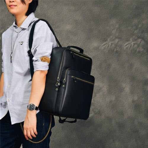 Simple casual mens large-capacity outdoor travel backpack retro natural genuine leather ladies black computer school bag