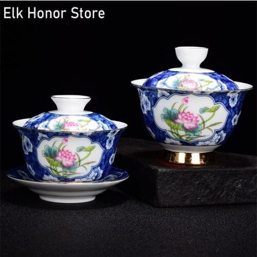 Retro Blue And White Porcelain Sancai Gaiwan Handmade Lotus Gaiwan Tea Cups Kung Fu Teaware Accessories Ceramic Tea Bowl