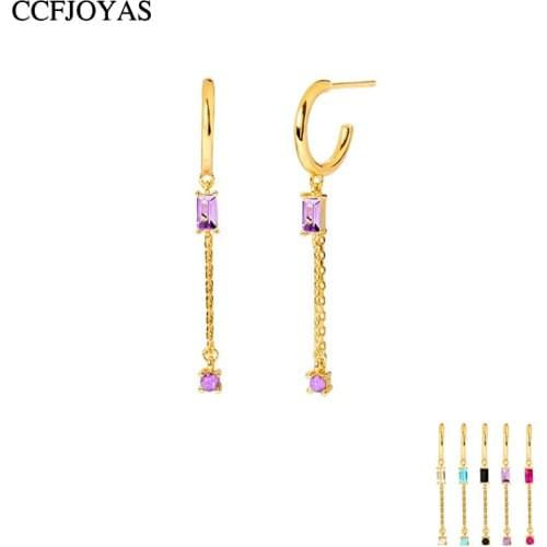 CCFJOYAS High-Quality 925 Sterling Silver Chain Drop Stud Earrings for Women Charming Rose red/Purple/Black/Turquoise CZ earring