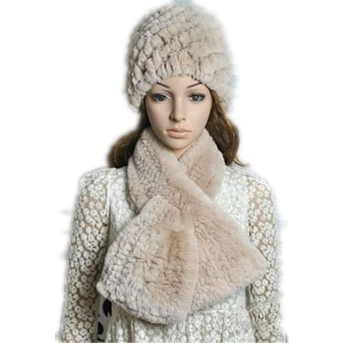 Real fur hat &scarf set female warm gift for autumn and winter natural rex rabbit fur cap neck warmer New Design Camel whiteH301