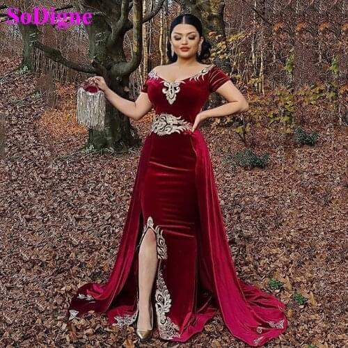 SoDigne Burgundy Arabic Mermaid Velvet Evening Dress 4 Pieces Over skirt Split Applique Lace Prom Gowns Tassel Algerian Outfit