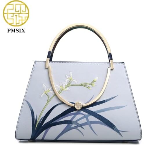 Pmsix Fashion Embroidery Cow Leather Womens Handbag Designer Elegant Shoulder Bag Brand High Capacity Ladys Messenger Bag